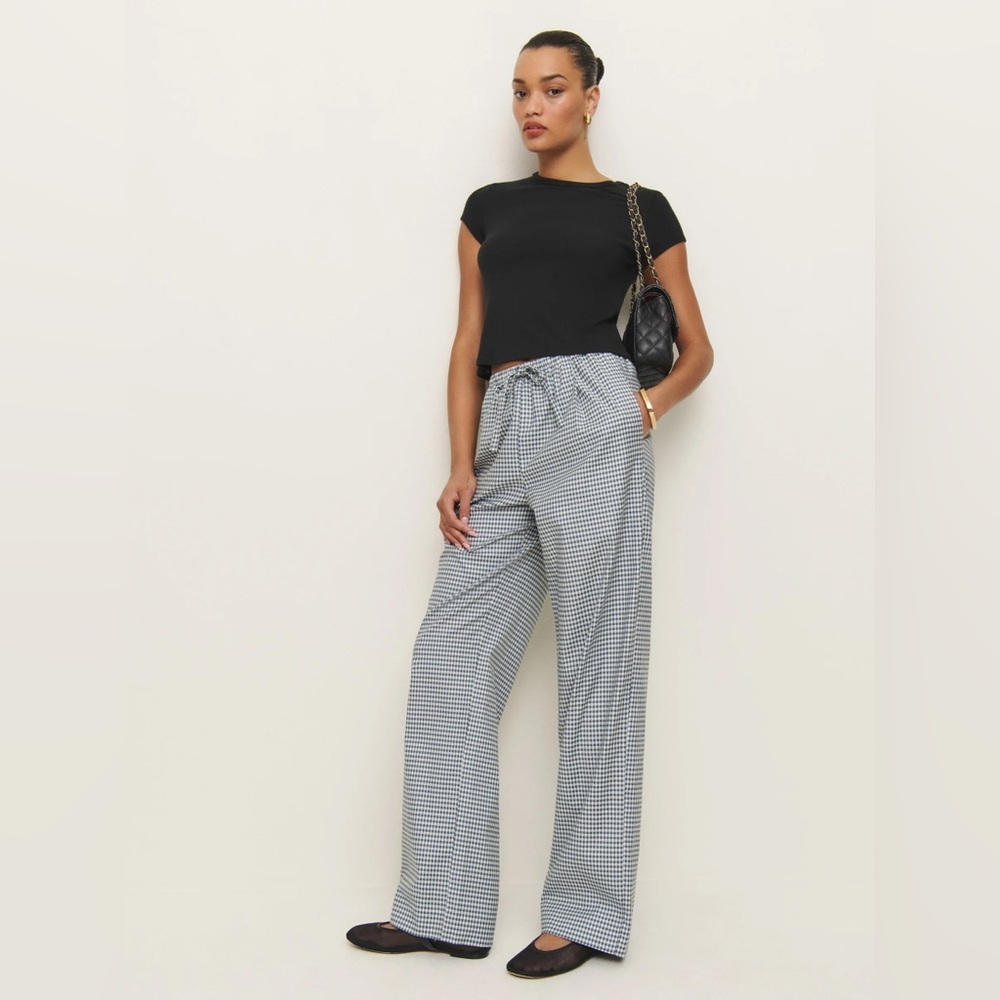 NWT Reformation Micah Cotton Pant in Slate Check Gingham Navy White | size S - Picture 2 of 9